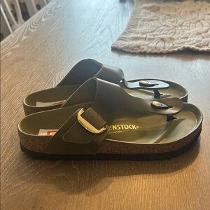 Birkenstock Dark Green Sandals with Gold Buckle